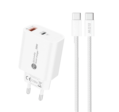 Mrežni punjač s USB-C kabelom A6MaxL, 20W, 3A, 1 x USB-A - 1 x USB-C, Bijeli