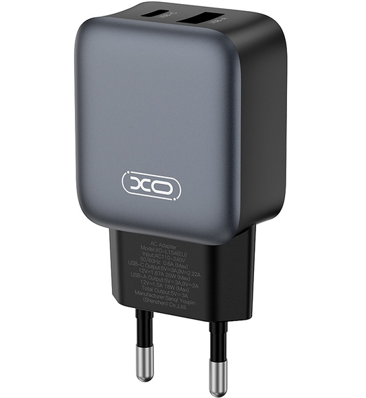 Punjač za mrežu s Lightning kabelom XO Design L154, 20W, 3A, 1 x USB-A - 1 x USB-C, Crni