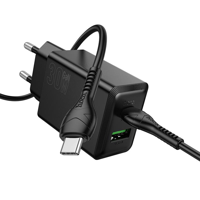 Punjač za mrežu s USB-C kabelom HOCO N71, 30W, 3A, 1 x USB-A - 1 x USB-C, Crni