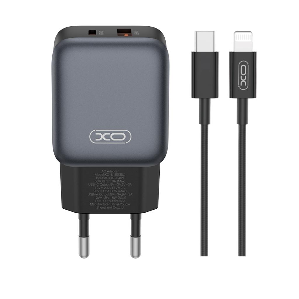 Mrežni punjač s Lightning kabelom XO Design L156, 30W, 3A, 1 x USB-A - 1 x USB-C, Crni