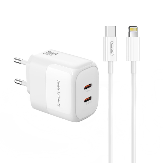 Punjač za mrežu s Lightning kabelom XO Design L140, 35W, 3A, 2 x USB-C, Bijeli
