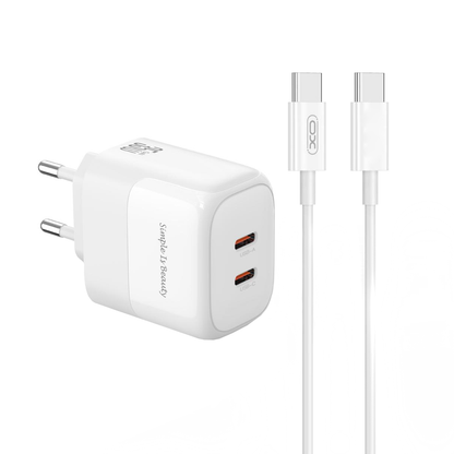 Punjač za mrežu s USB-C kabelom XO Design L140, 35W, 3A, 2 x USB-C, Bijeli