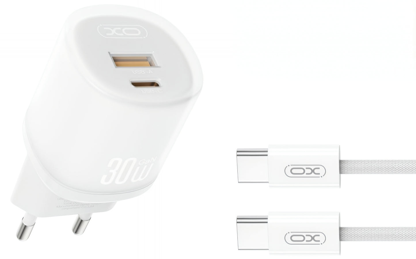 Punjač za mrežu s USB-C kabelom XO Design L151, 30W, 3A, 1 x USB-A - 1 x USB-C, Bijeli