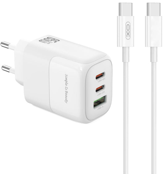 Punjač za mrežu s USB-C kabelom XO Design L139, 65W, 4.5A, 1 x USB-A - 2 x USB-C, Bijeli