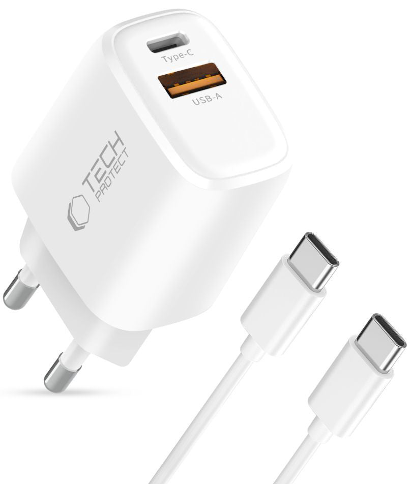 Punjač mreže s USB-C kabelom Tech-Protect NCA45W, 45W, 3A, 1 x USB-A - 1 x USB-C, Bijeli