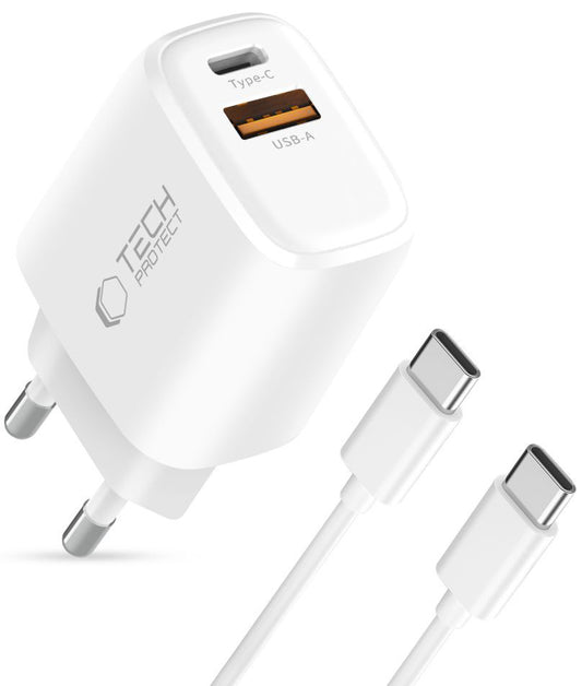 Punjač mreže s USB-C kabelom Tech-Protect NCA45W, 45W, 3A, 1 x USB-A - 1 x USB-C, Bijeli