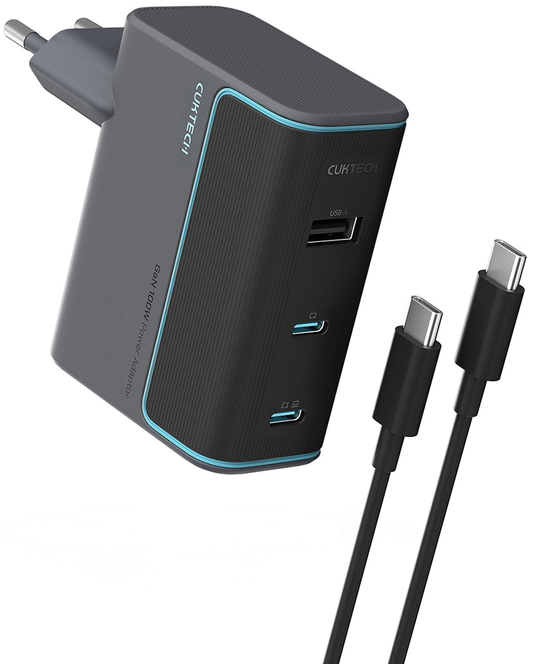 Punjač za mrežu s USB-C kabelom Cuktech, 100W, 5A, 1 x USB-A - 2 x USB-C, Sivi CUKAD1003EUG