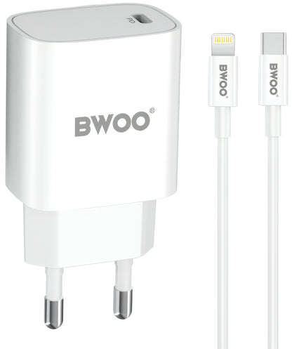 Mrežni punjač s Lightning kabelom BWOO CDA159, 20W, 3A, 1 x USB-C, Bijeli