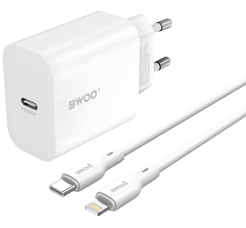 Punjač za mrežu s Lightning kabelom BWOO CDA233, 20W, 3A, 1 x USB-C, Bijeli