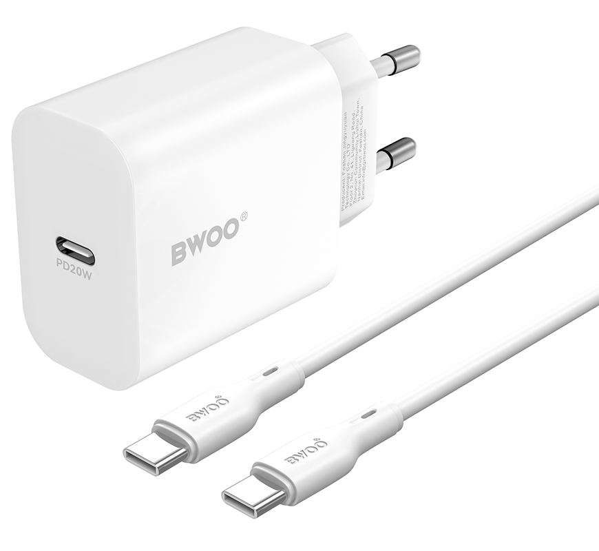 Punjač za mrežu s USB-C kabelom BWOO CDA233, 20W, 3A, 1 x USB-C, Bijeli