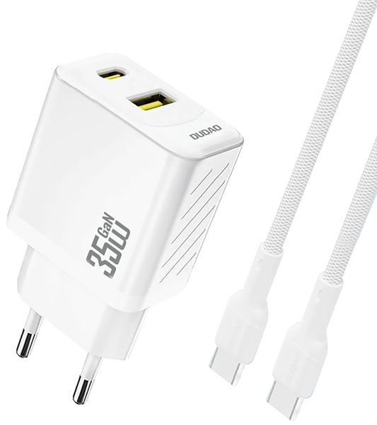 Punjač za mrežu s USB-C kabelom Dudao A27Max, 35W, 1 x USB-A - 1 x USB-C, Bijeli