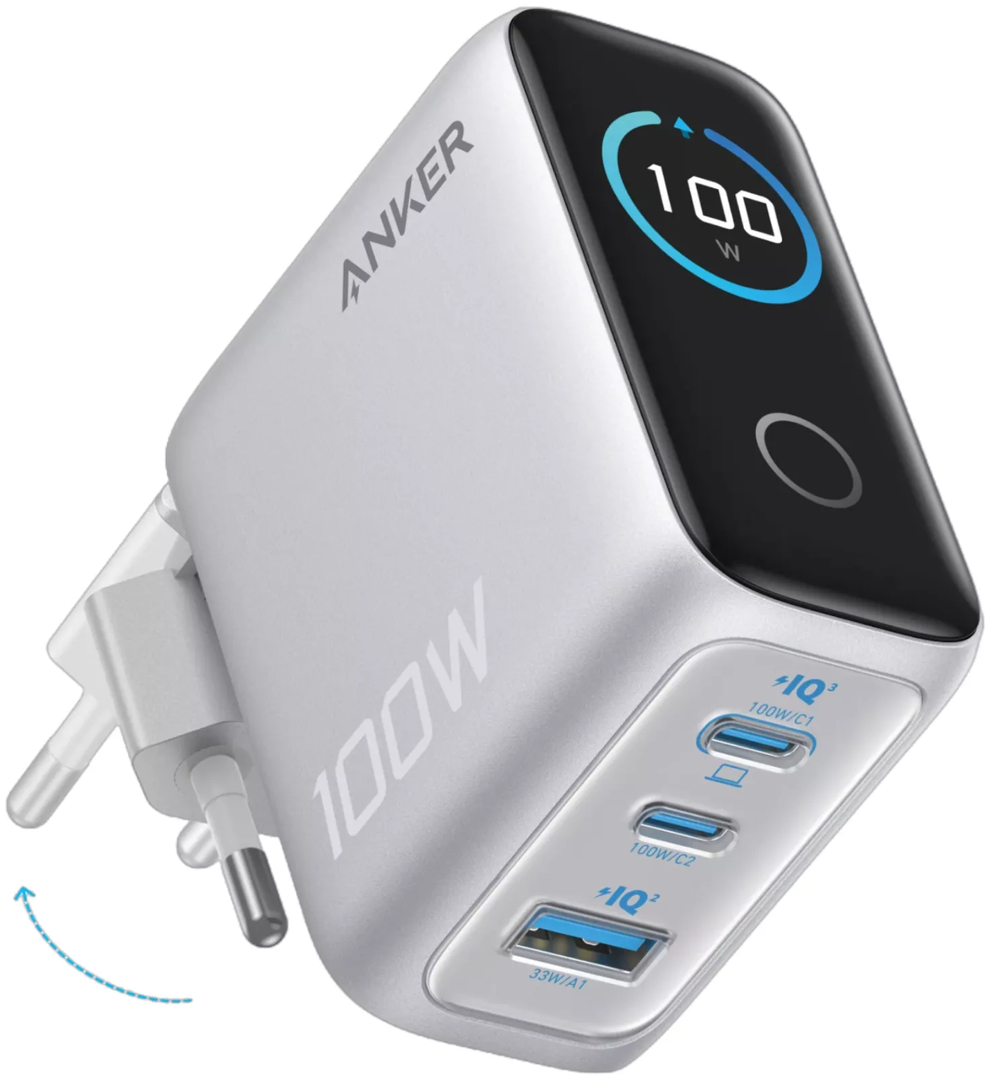 Punjač mreže s USB-C kabelom Anker Smart Display, 100W, 5A, 1 x USB-A - 2 x USB-C, Srebrni B121BG41