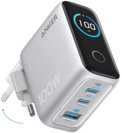 Punjač mreže s USB-C kabelom Anker Smart Display, 100W, 5A, 1 x USB-A - 2 x USB-C, Srebrni B121BG41