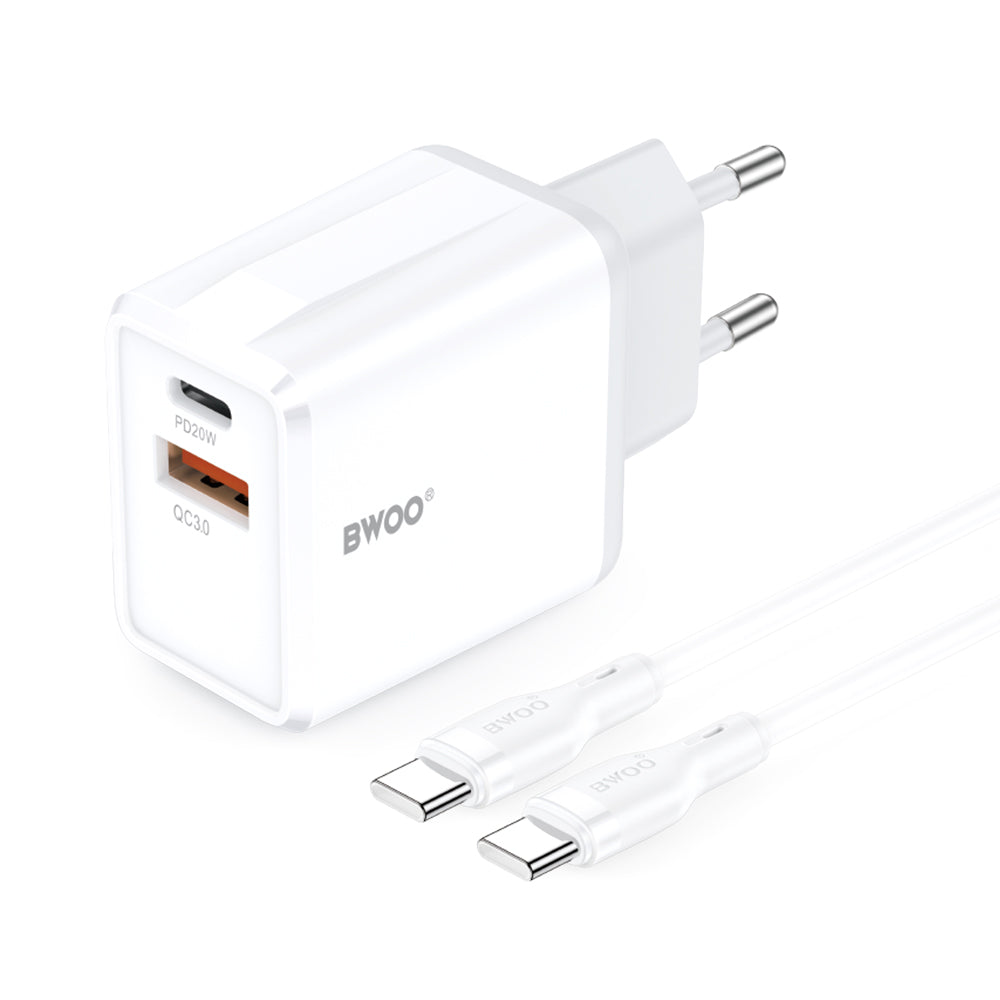 Punjač mreže s USB-C kabelom BWOO CDA182, 38W, 3A, 1 x USB-A - 1 x USB-C, Bijeli