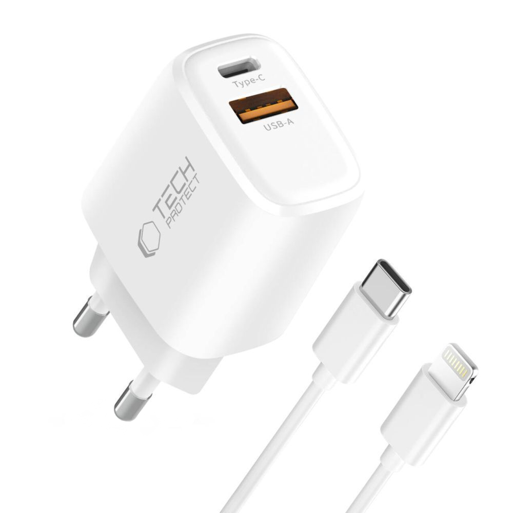Mrežni punjač s Lightning kabelom Tech-Protect NCA20, 20W, 3A, 1 x USB-A - 1 x USB-C, Bijeli