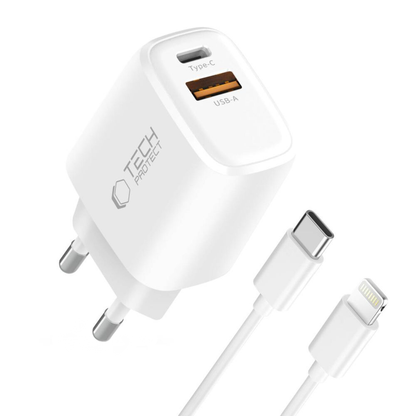 Mrežni punjač s Lightning kabelom Tech-Protect NCA20, 20W, 3A, 1 x USB-A - 1 x USB-C, Bijeli