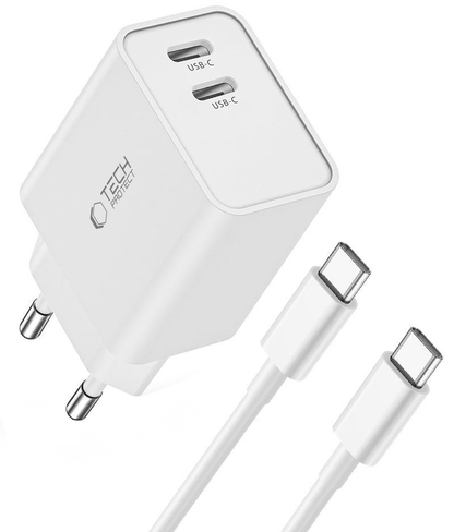 Mrežni punjač s USB-C kabelom Tech-Protect C35W, 35W, 3A, 2 x USB-C, Bijeli