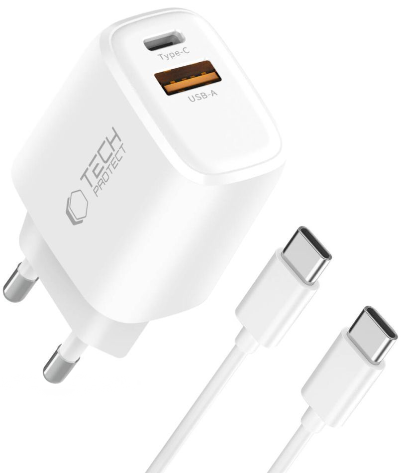 Punjač za mrežu s USB-C kabelom Tech-Protect NCA20, 20W, 3A, 1 x USB-A - 1 x USB-C, Bijela