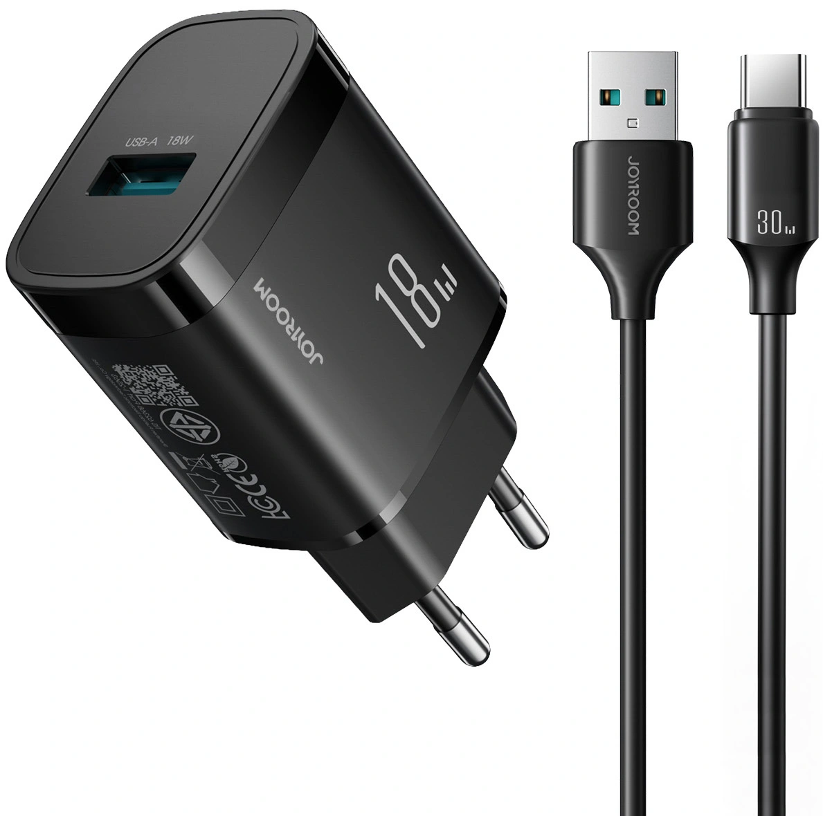 Punjač za mrežu s USB-C kabelom Joyroom JR-TF4, 18W, 3A, 1 x USB-A, Crni