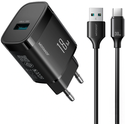 Punjač za mrežu s USB-C kabelom Joyroom JR-TF4, 18W, 3A, 1 x USB-A, Crni