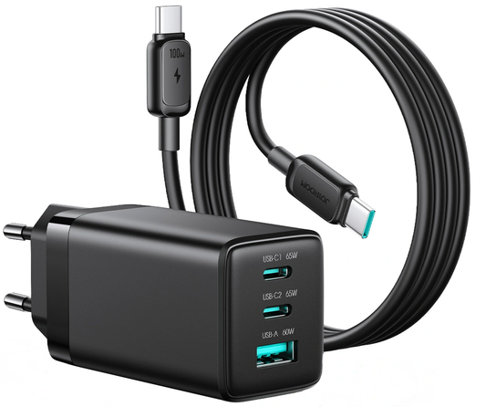 Punjač za mrežu s USB-C kabelom Joyroom JR-TG10, 65W, 3.25A, 1 x USB-A - 2 x USB-C, Crna