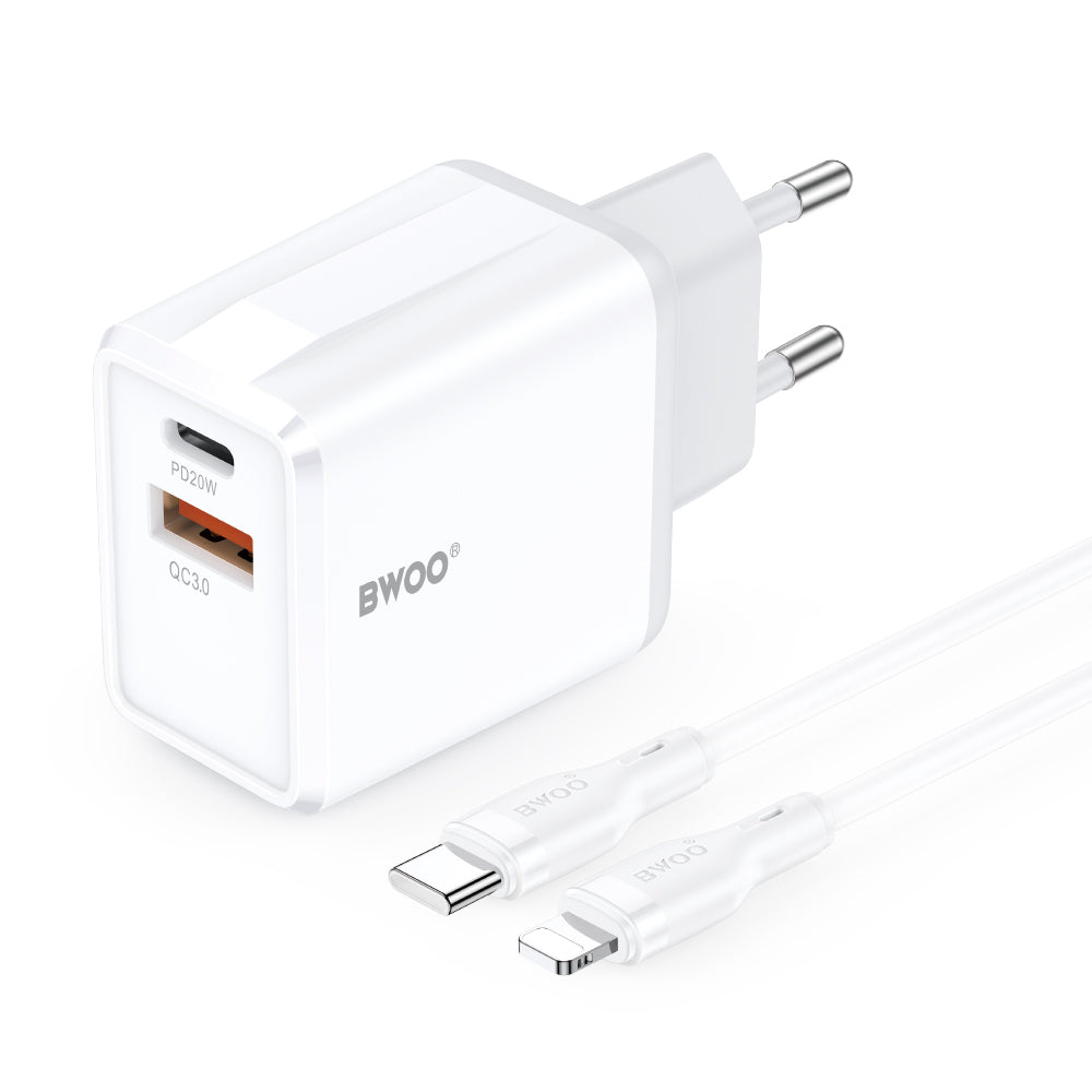 Punjač za mrežu s Lightning kabelom BWOO CDA182, 38W, 3A, 1 x USB-A - 1 x USB-C, Bijela