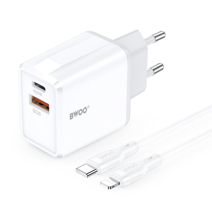 Punjač za mrežu s Lightning kabelom BWOO CDA182, 38W, 3A, 1 x USB-A - 1 x USB-C, Bijela