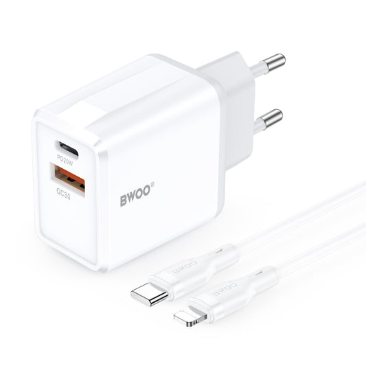 Punjač za mrežu s Lightning kabelom BWOO CDA182, 38W, 3A, 1 x USB-A - 1 x USB-C, Bijela