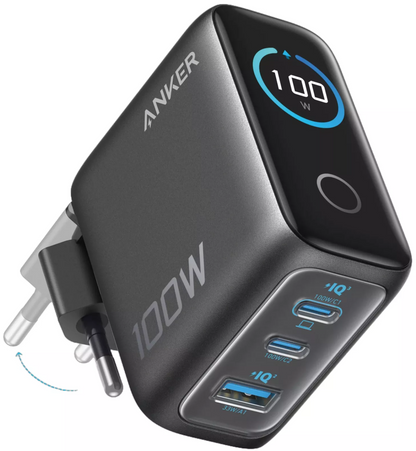 Punjač za mrežu s USB-C kabelom Anker Smart Display, 100W, 5A, 1 x USB-A - 2 x USB-C, Siva, Obnovljeno B121BGZ1