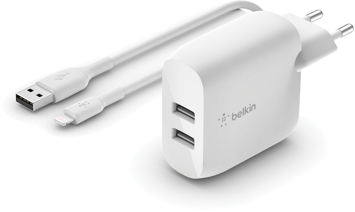 Mrežni punjač s USB-C kabelom Belkin BoostCharge Dual, 24W, 2.4A, 2 x USB-A, Bijeli WCE001vf1MWH