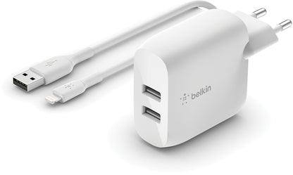 Mrežni punjač s USB-C kabelom Belkin BoostCharge Dual, 24W, 2.4A, 2 x USB-A, Bijeli WCE001vf1MWH