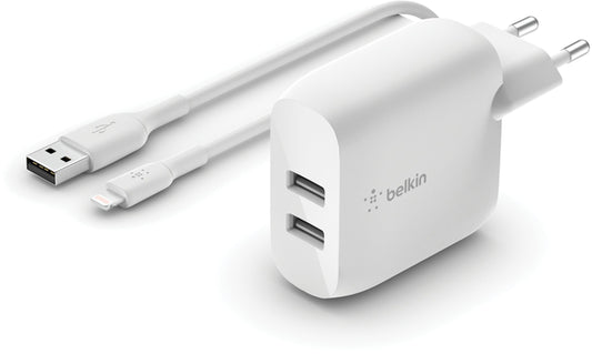 Mrežni punjač s USB-C kabelom Belkin BoostCharge Dual, 24W, 2.4A, 2 x USB-A, Bijeli WCE001vf1MWH