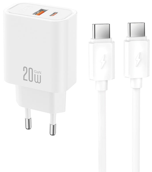 Punjač za mrežu s USB-C kabelom XO Design CE40, 20W, 3A, 1 x USB-A - 1 x USB-C, Bijela