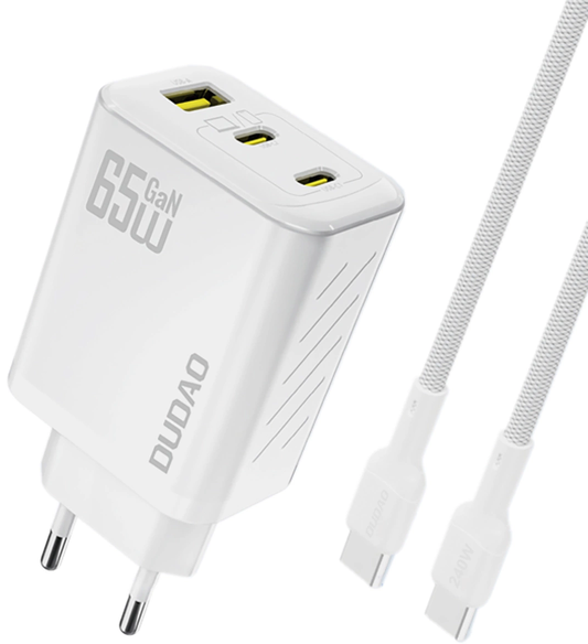 Punjač za mrežu s USB-C kabelom Dudao A29C, 65W, 3.25A, 1 x USB-A - 2 x USB-C, Bijeli