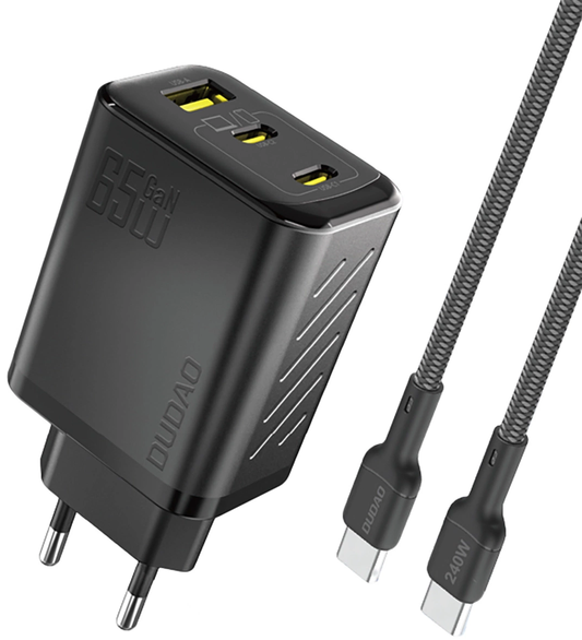 Mrežni punjač s USB-C kabelom Dudao A29C, 65W, 3.25A, 1 x USB-A - 2 x USB-C, Crni