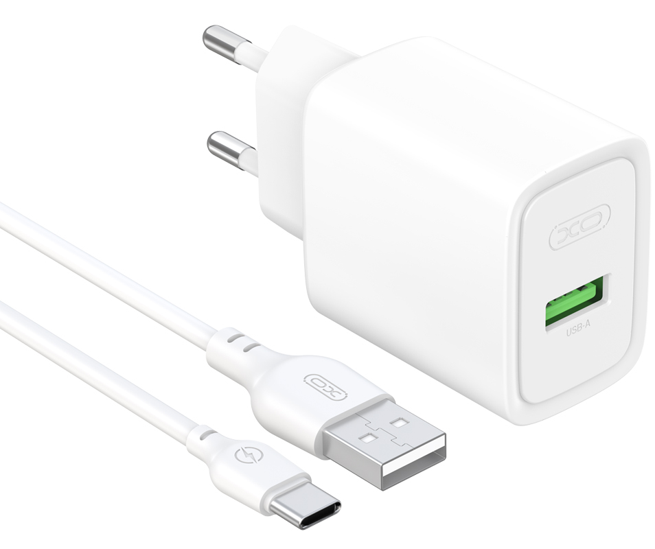 Mrežni punjač s USB-C kabelom XO Design CE50, 18 W, 3 A, 1 x USB-A, bijeli