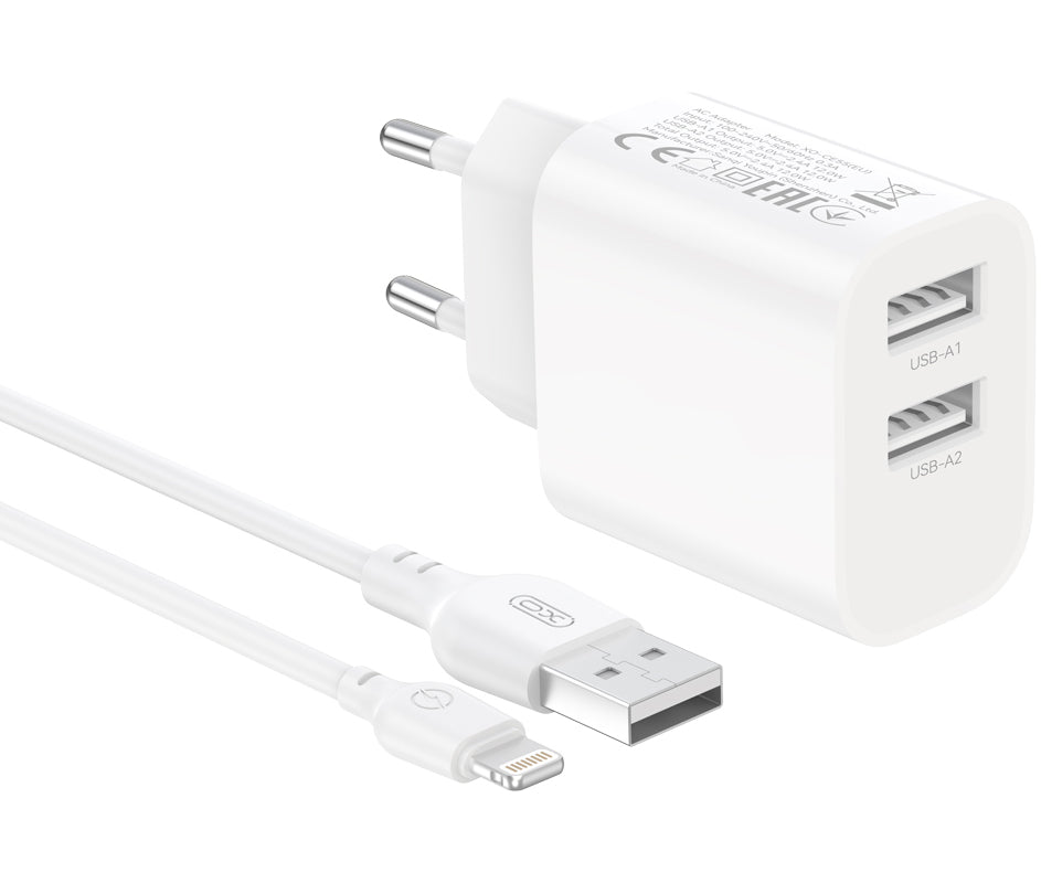 Mrežni punjač s Lightning kabelom XO Design CE55, 12 W, 2,4 A, 2 x USB-A, bijeli