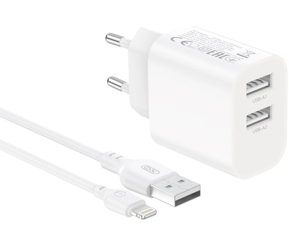 Mrežni punjač s Lightning kabelom XO Design CE55, 12 W, 2,4 A, 2 x USB-A, bijeli