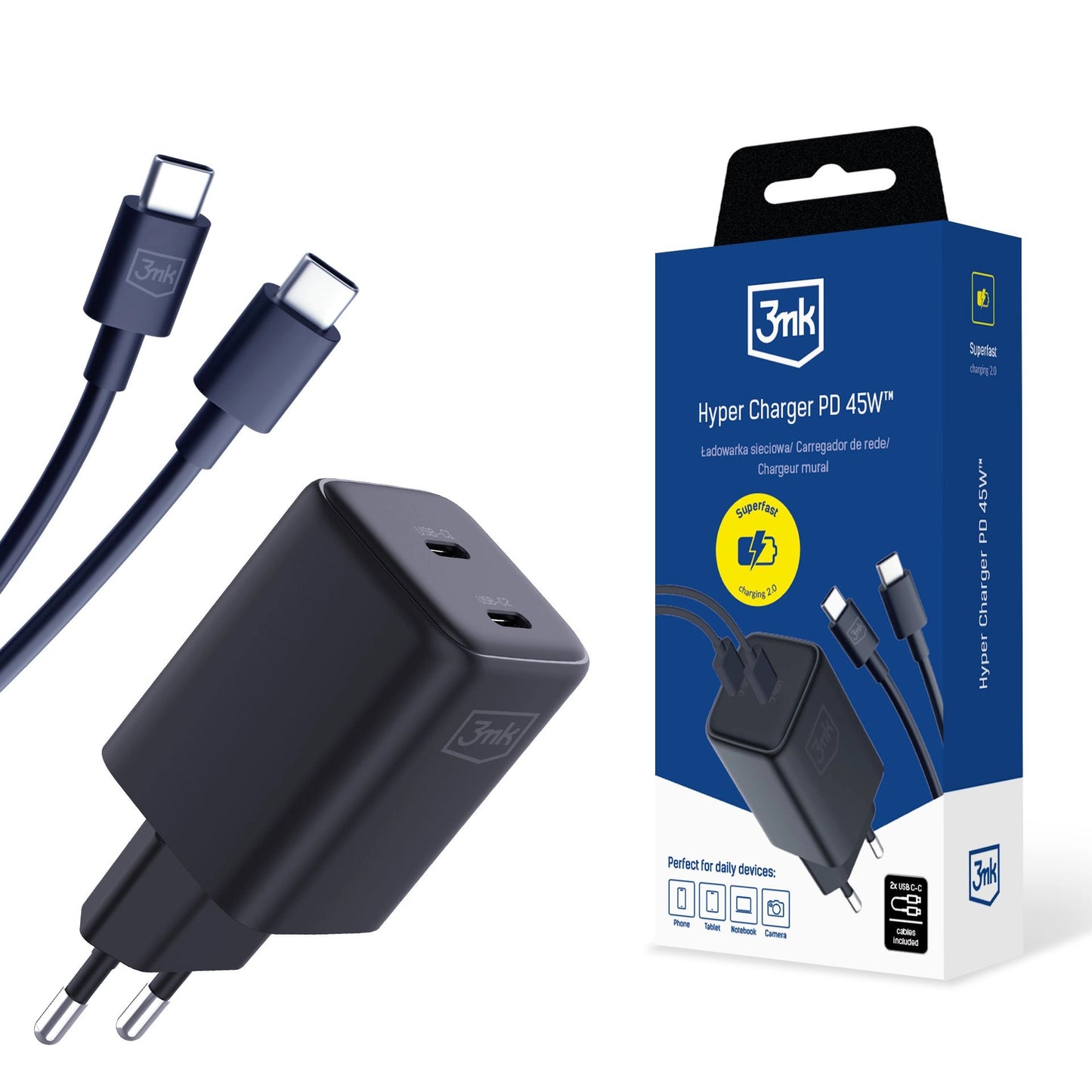 Mrežni punjač s USB-C kabelom 3MK HyperCharger, 45W, 3A, 2 x USB-C, crni