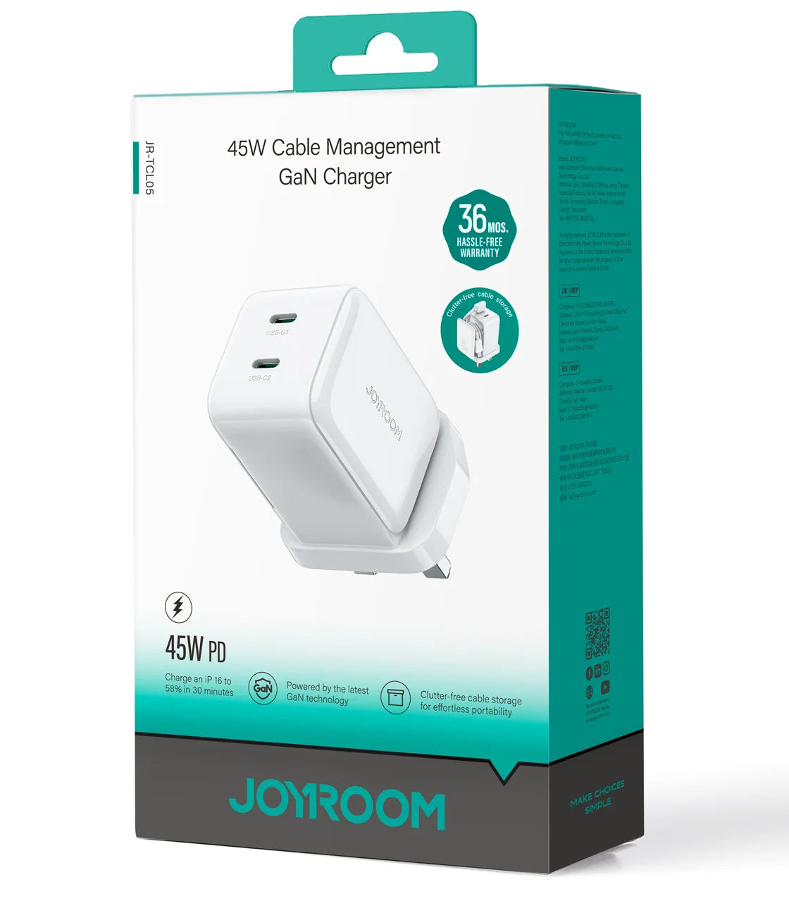 Mrežni punjač s USB-C kabelom Joyroom JR-TCL05, 45W, 3A, 2 x USB-C, Bijeli