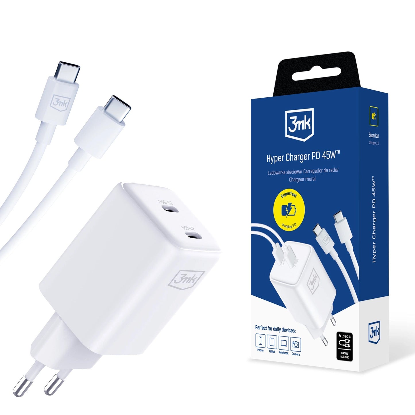 Mrežni punjač s USB-C kabelom 3MK HyperCharger, 45W, 3A, 2 x USB-C, bijeli