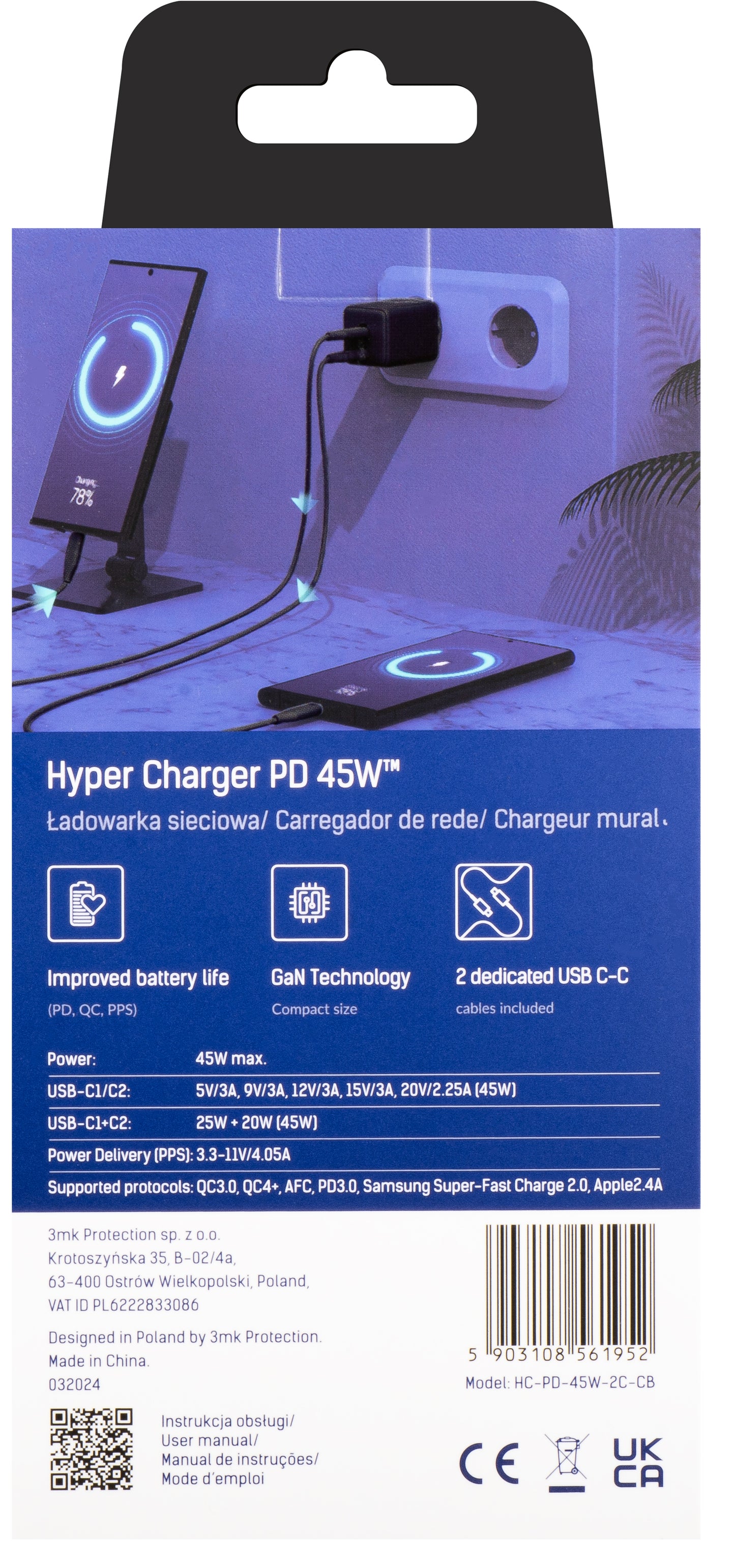Mrežni punjač s USB-C kabelom 3MK HyperCharger, 45W, 3A, 2 x USB-C, crni