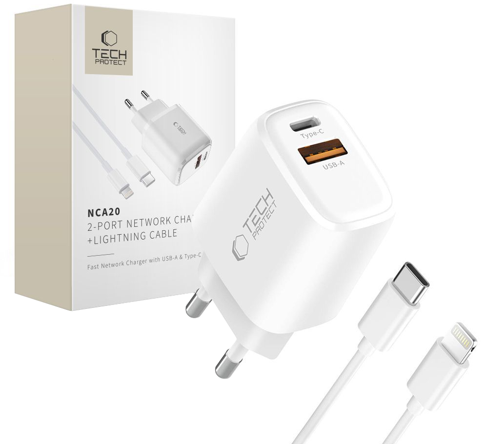 Mrežni punjač s Lightning kabelom Tech-Protect NCA20, 20W, 3A, 1 x USB-A - 1 x USB-C, Bijeli
