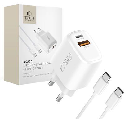 Punjač za mrežu s USB-C kabelom Tech-Protect NCA20, 20W, 3A, 1 x USB-A - 1 x USB-C, Bijela