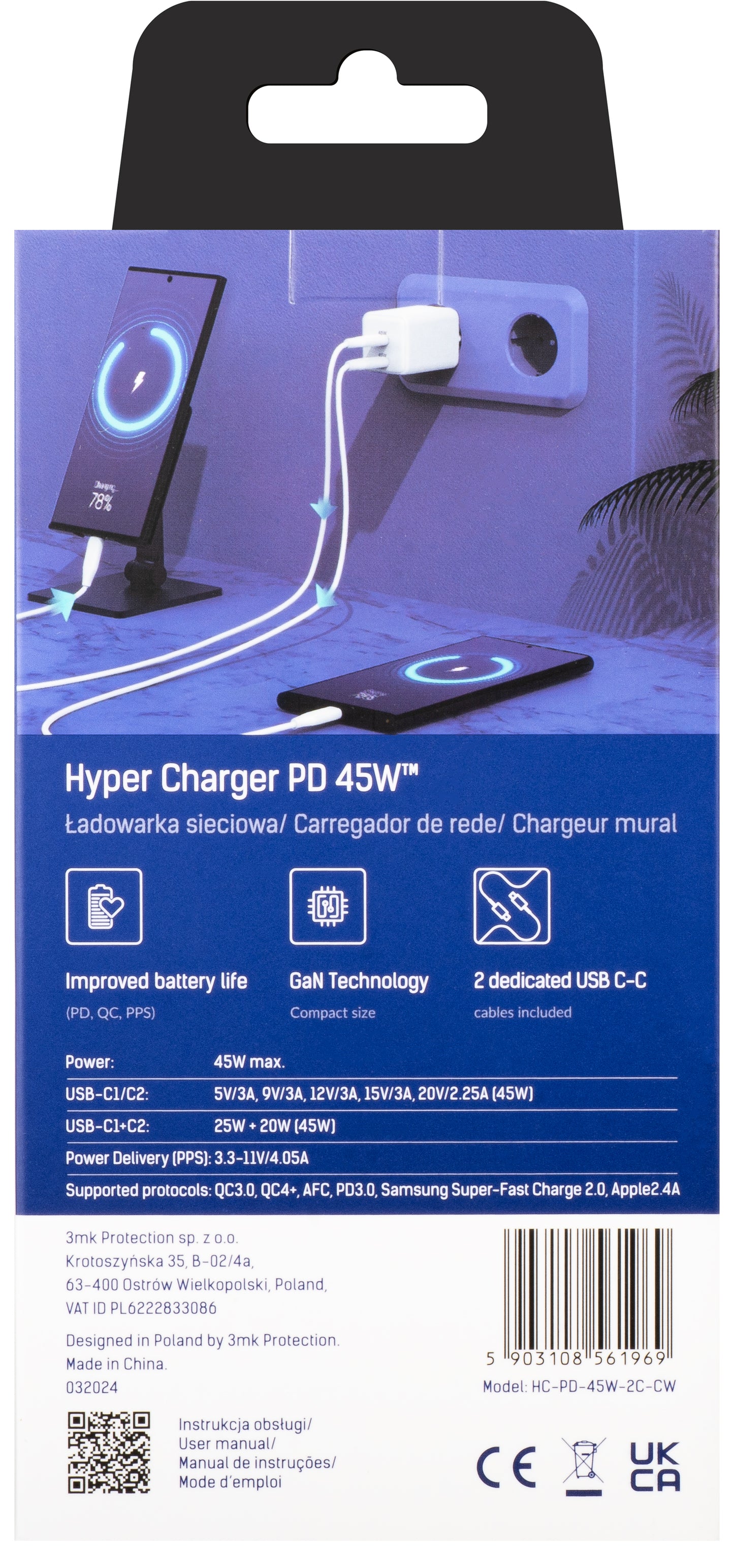Mrežni punjač s USB-C kabelom 3MK HyperCharger, 45W, 3A, 2 x USB-C, bijeli