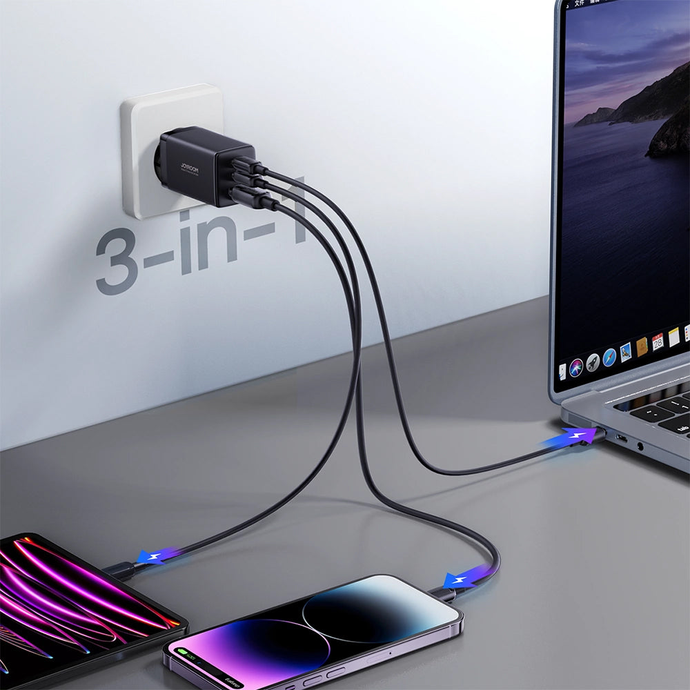 Punjač za mrežu s USB-C kabelom Joyroom TCG01, 65W, 3.25A, 1 x USB-A - 2 x USB-C, Crni