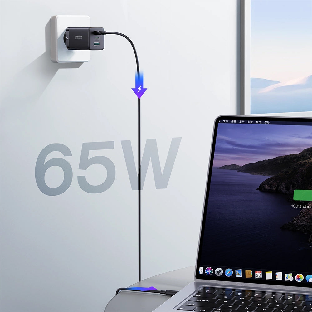 Punjač za mrežu s USB-C kabelom Joyroom TCG01, 65W, 3.25A, 1 x USB-A - 2 x USB-C, Crni