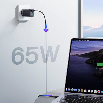 Punjač za mrežu s USB-C kabelom Joyroom TCG01, 65W, 3.25A, 1 x USB-A - 2 x USB-C, Crni