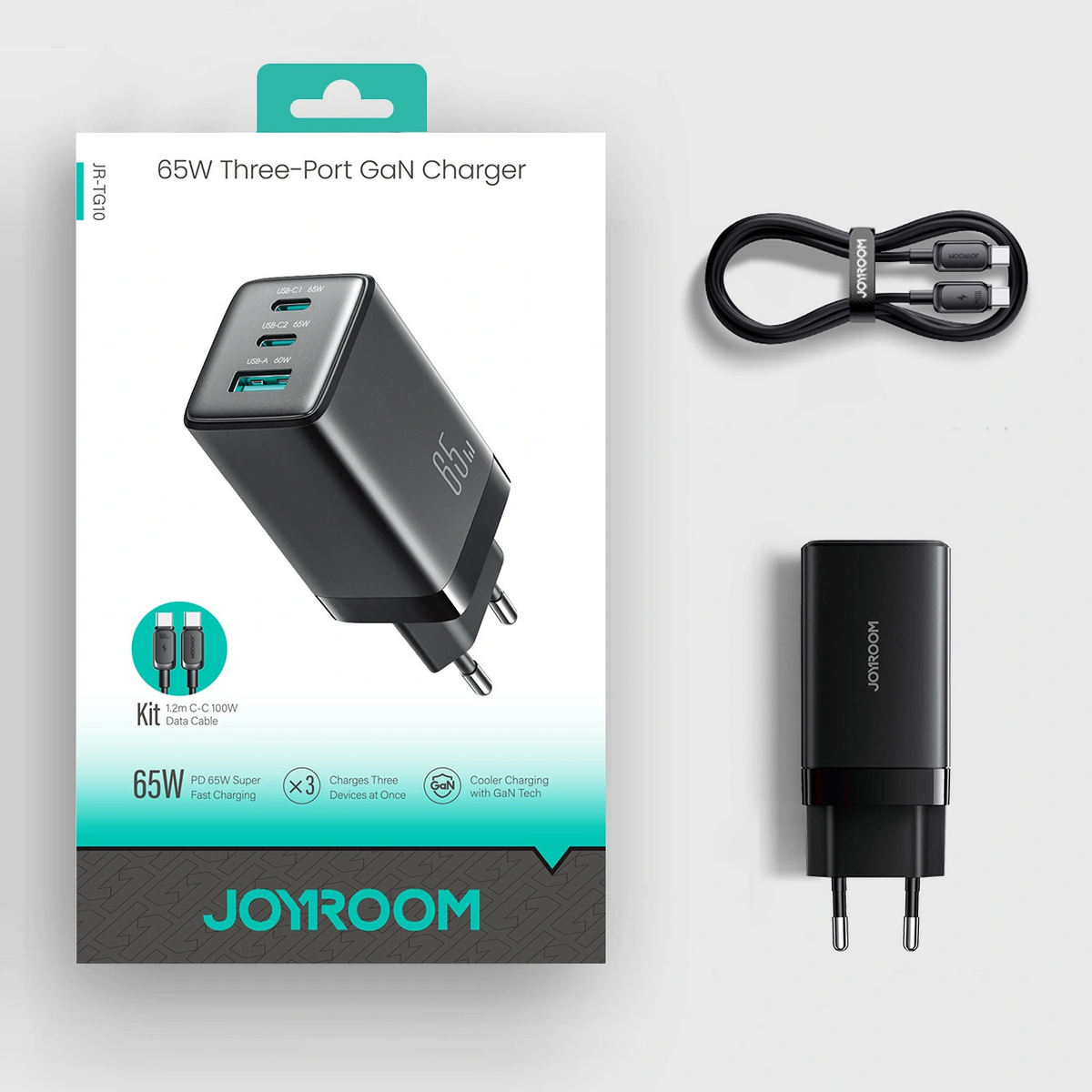 Punjač za mrežu s USB-C kabelom Joyroom JR-TG10, 65W, 3.25A, 1 x USB-A - 2 x USB-C, Crna