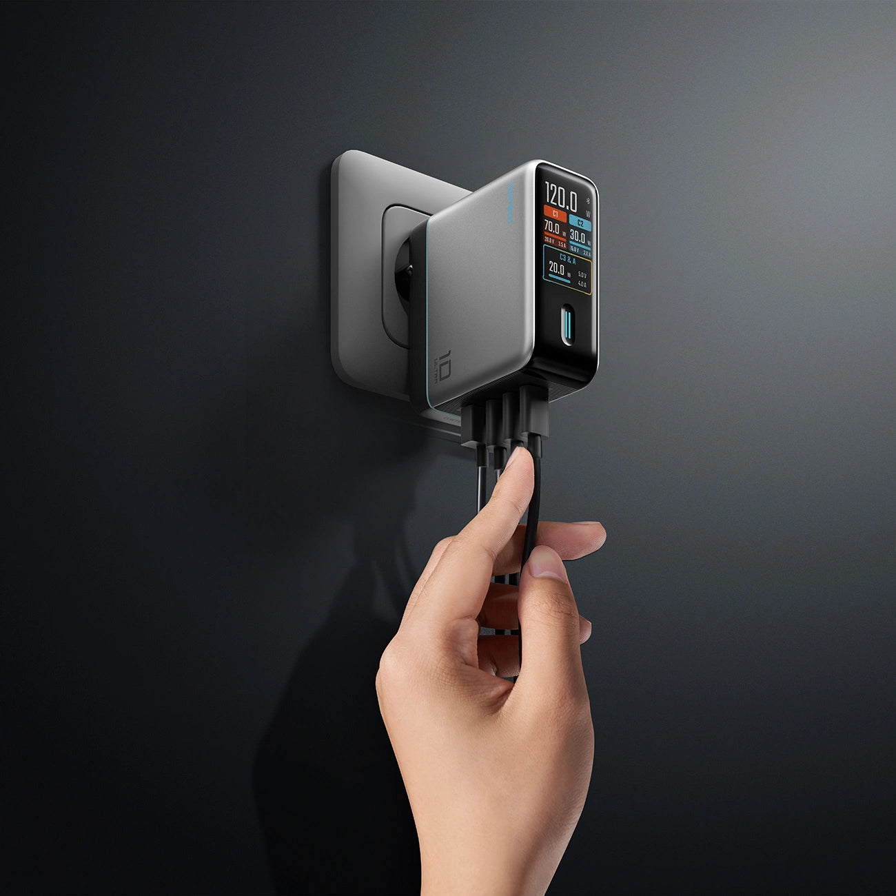Mrežni punjač s USB-C kabelom Cuktech AD1204U Display, 120W, 6A, 1 x USB-A - 2 x USB-C, Srebrni